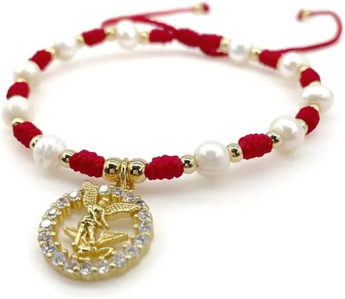 Vista 3 de Medalla colgante de arcángel de San Miguel en cordón ajustable de marfil y perlas de agua dulce pulsera ajustable