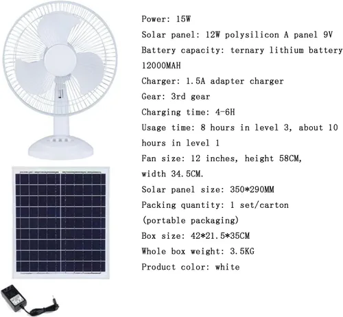 Vista 2 de Ventilador solar de 12/16 pulgadas, 15 W, 6 W, panel solar de 12 V CA/CC con panel y batería, ventilador solar portátil de 3 engranajes, 3/5