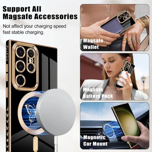 Vista 6 de Funda magnética para Samsung Galaxy S23 Ultra 5G, bonita funda de lujo con borde chapado de mariposa para mujeres, niñas y hombres, TPU suave, a