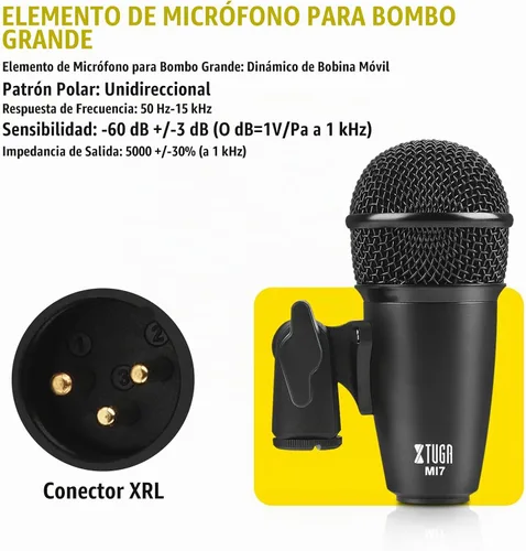Vista 8 de XTUGA MI7 Kit de micrófono de tambor, 7 piezas de metal con cable dinámico