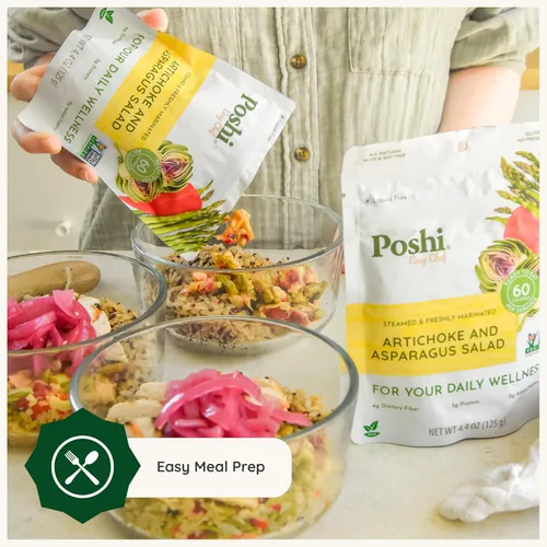 Vista 4 de POSHI Ensalada natural de alcachofas y espárragos, ceto, vegana, sin OMG, baja en carbohidratos + calorías, sin gluten, lista para comer, verduras