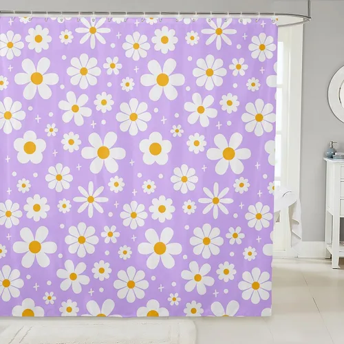 Vista 29 de Cortina de baño de flores de margarita para niños y niñas, cortina de ducha floral para decoración de baño, 72 x 72 pulgadas, retro, floral