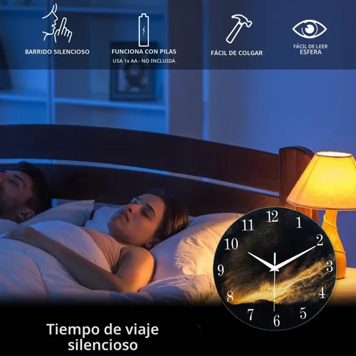 Vista 3 de Reloj de pared moderno negro y dorado con pilas, reloj de pared silencioso de 12 pulgadas, reloj de pared de vidrio sin tictac para sala de estar