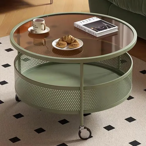 Vista 9 de Mesa de centro de cristal con ruedas giratorias, mesa de té redonda de 2 niveles con cesta de almacenamiento hueca de hierro, moderna mesa central