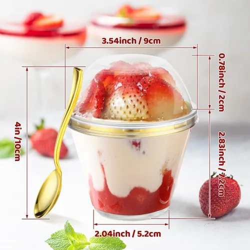 Vista 3 de Jinei 50 juegos de tazas de postre de plástico de 9 onzas con tapas de cúpula, cucharas de plástico transparente con borde dorado, vasos de frutas
