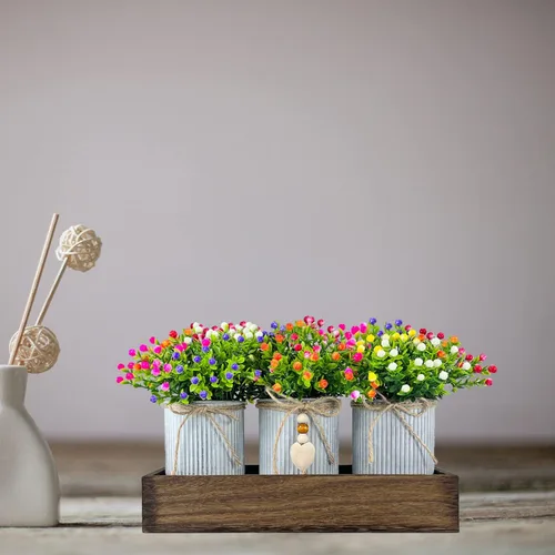 Vista 6 de Set de decoración de centro de mesa con flores artificiales, incluye 3 ramos falsos de Milán y bandeja de madera para decoración de escritorio