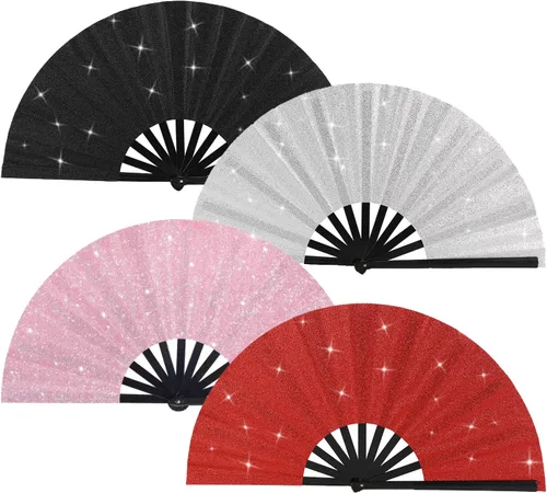 Vista 17 de Huralona Paquete de 5 abanicos plegables grandes de tela para fanáticos de rave, fanáticos chinos de Kung Fu Tai Chi para festivales y danzas
