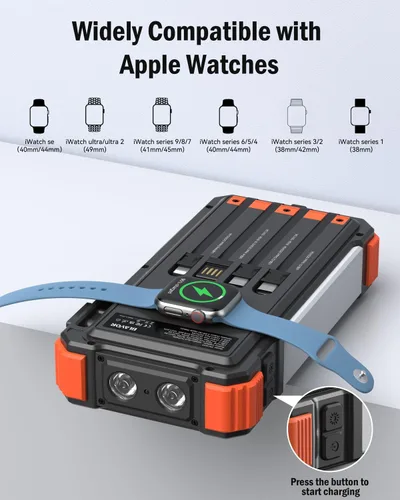 Vista 5 de BLAVOR Cargador solar de 20000 mAh integrado 4 cables, batería externa de carga rápida de 20 W con USB C, luz de campamento, linterna, batería