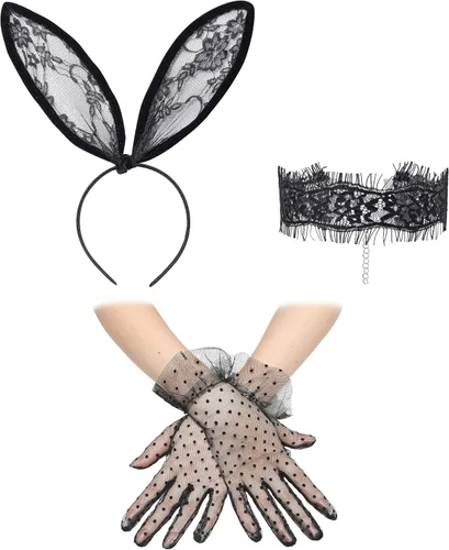 Vista 2 de BABEYOND Conjunto de disfraz de conejo para mujer diadema de conejo gargantilla de encaje guantes de lunares