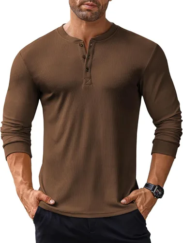 Vista 79 de COOFANDY Camisas Henley de manga larga para hombre, camisetas elásticas acanaladas, camisetas básicas casuales de moda