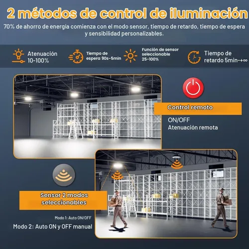 Vista 3 de Smart Shop Lights 150W - Sensor de movimiento Micware 18000LM UFO LED alta luz de bahía con control remoto multifunción, 10% -100% regulable IP65