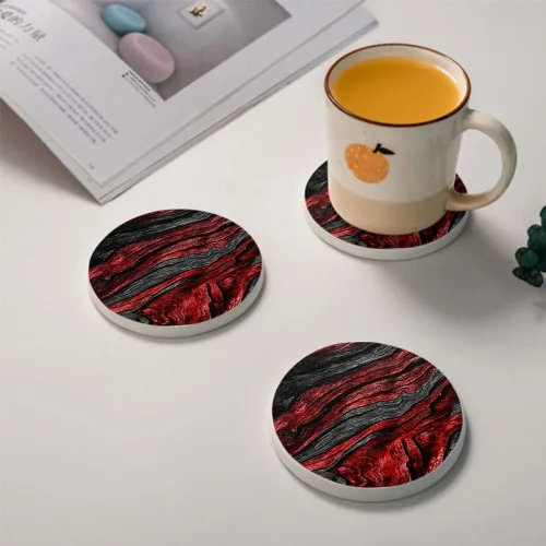 Vista 4 de HUXJOKO Juego de 6 posavasos de cerámica absorbente de grano de madera rojo y negro, tapete redondo de piedra, con base de corcho y soporte de metal