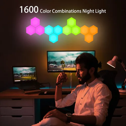Vista 8 de Vcwtty Paneles de Luces Hexagonales para Pared, Luces LED Inteligentes de Pared con APP, Ensamblaje Modular DIY con Sincronización de Música RGB