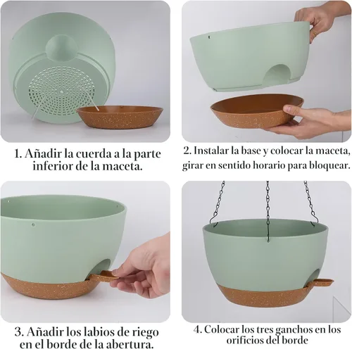 Vista 5 de TYMENSH Macetas colgantes de 12 pulgadas, juego de 2 macetas colgantes de riego automático con agujeros de drenaje, platillo extraíble, macetas