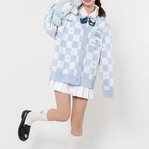 Vista 3 de Suéter de cosplay Kawaii con botones de punto para mujer, lindo cárdigan japonés a cuadros Jk uniforme suéter