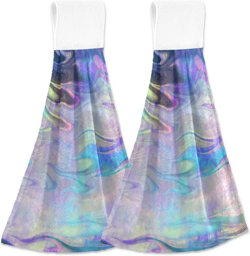 Vista 2 de Kigai Toallas colgantes de flores iridiscentes,Toallas de cocina colgantes con cinta mágica,Súper absorbentes,Toallas de lazo colgantes de algodón