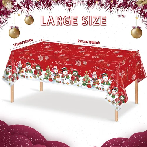 Vista 2 de FunnyPars 3 piezas manteles de muñeco de nieve navideños de plástico, cubierta de mesa de invierno con copos de nieve y árbol de Navidad