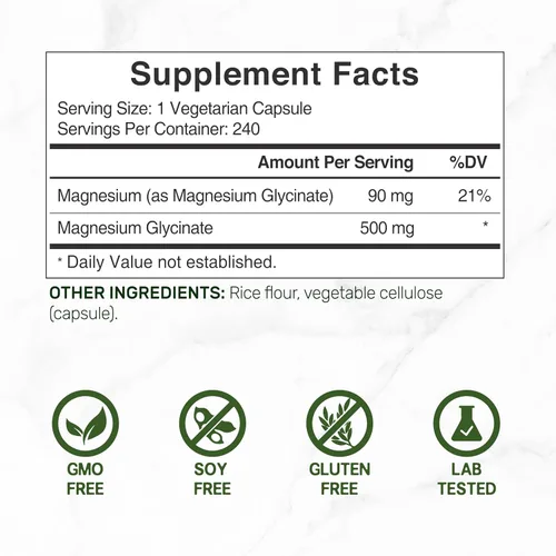 Vista 2 de Deal Supplement Glicinato de magnesio 500 mg, 240 cápsulas vegetales 100% quelado para una fácil absorción Suplemento mineral esencial Sin