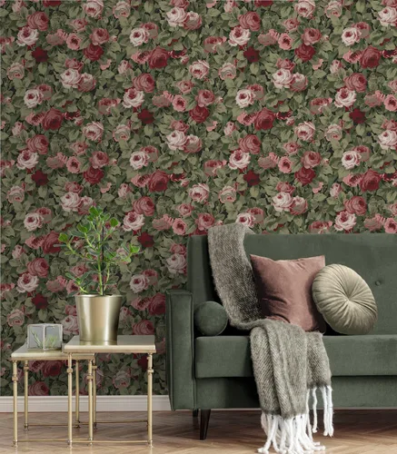 Vista 4 de NextWall Rose Garden Papel Tapiz Floral de Despegar y Pegar (Granate y Albahaca)