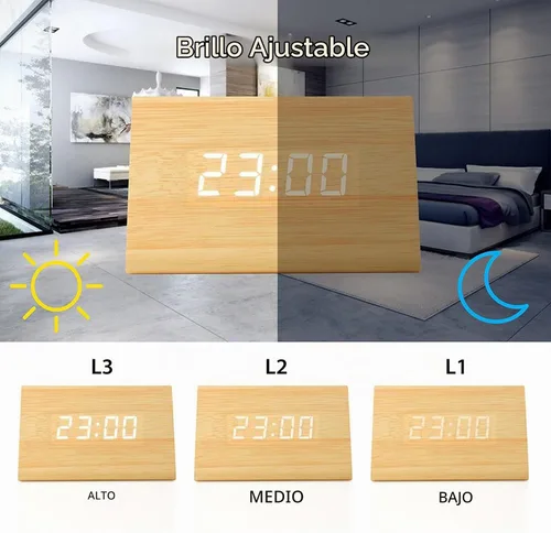 Vista 3 de Moderno reloj despertador con indicador de temperatura y calendario con diseño triangular de madera con luces led. Gearonic TM.