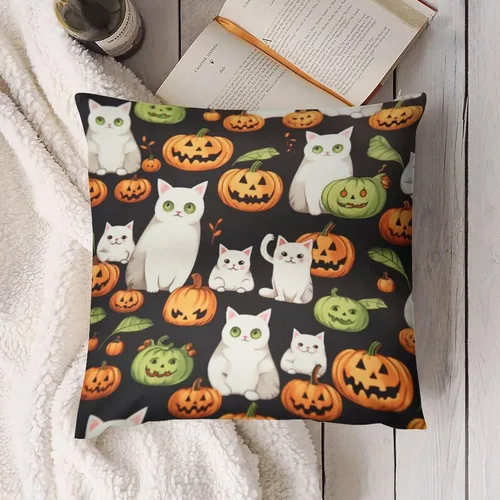 Vista 4 de Fundas de almohada frescas de 12 x 12 pulgadas, fundas de almohada de gatos y calabazas, decoración de habitación, funda de cojín de feliz Halloween