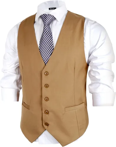 Vista 3 de Alizeal Chaleco de Traje de Negocios Clásico de Color Sólido para Hombre de Ajuste Regular Chaleco de Esmoquin para Boda Caqui