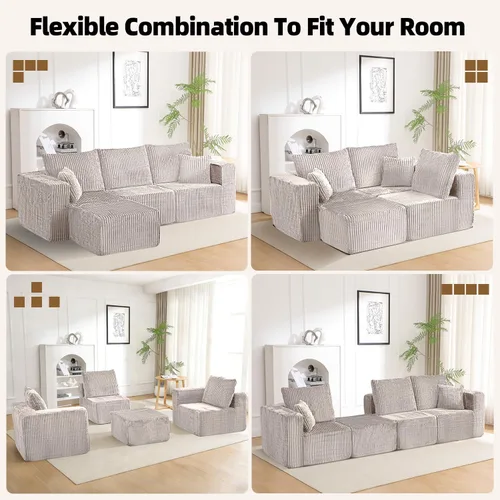 Vista 6 de Sofá modular de 98 pulgadas, sofá modular de 3 plazas en forma de L con otomana, moderno sofá seccional de nube para sala de estar, dormitorio Beige