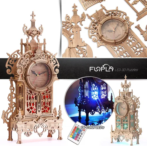 Vista 3 de FUNPOLA Rompecabezas de madera 3D Reloj de torre LED, rompecabezas 3D edificio de escritorio, modelo de bloques de construcción arquitectónicos