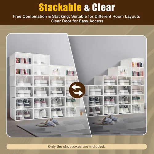 Vista 7 de Paquete de 24 cajas de almacenamiento de zapatos, de plástico transparente, plegable, apilable, organizador de zapatos, contenedores para armario