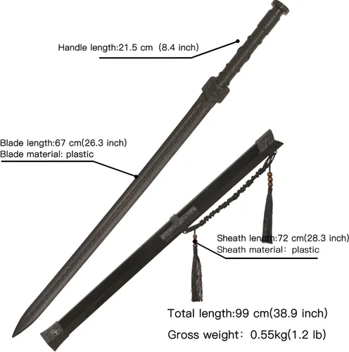 Vista 2 de 39" Plastic Martial Arts Polypropylene Training Katana Practice Sword, Black Chinese Tang Dynasty Style Dragon Pattern Decorated Sword with Scabbard