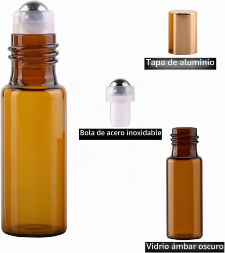 Vista 5 de MaxMau Paquete de 24 Botellas de Vidrio Ámbar de 5ml para Aceites Esenciales, Botella Roll-on con Bolas Rodantes de Acero Inoxidable, Tapas Pintadas
