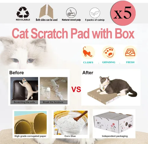 Vista 6 de 5 paquetes en 1 almohadilla para arañazos para gatos con caja, cartón rascador para gatos, reversible, cartón duradero reciclable, adecuado para que