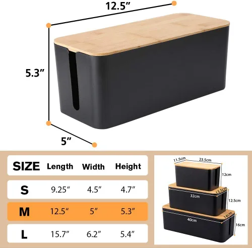 Vista 6 de PowerKing Organizador de cajas de gestión de cables, tapa de bambú, soporte grande para cables de almacenamiento para escritorio, TV, computadora