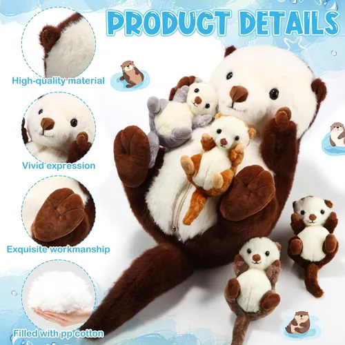 Vista 7 de Shappy 5 Piezas Animales de Peluche de Nutria Marina Grande Mamá Nutria Marina de Peluche con 4 Lindos Bebés en su Vientre con Cremallera Peluches