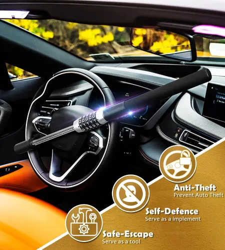 Vista 2 de Tevlaphee Bloqueo de Volante, Bloqueo de Coche Antirrobo Sin Llave Extensible Retráctil con Contraseña, Bloqueo de Combinación Codificado de 5 Negro