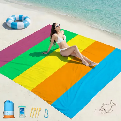 Vista 15 de Famstar Manta de playa de gran tamaño extra grande 78 x 81 pulgadas/10 x 9 pies, manta de playa impermeable a prueba de arena para 2-8 adultos