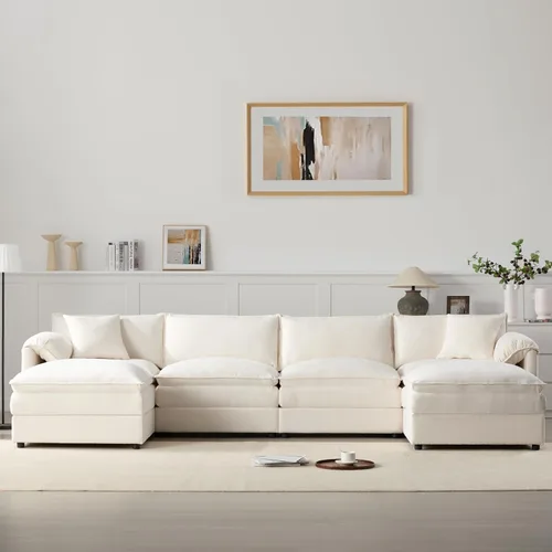 Vista 12 de Moderno sofá modular en forma de U con almohadas para la cintura, sofá cama con diván, sofá tapizado simétrico de felpilla de 6 asientos para sala