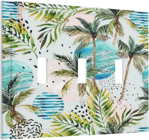 Vista 244 de Cubierta de interruptor de luz de una pandilla de hojas de palma tropicales de estilo bohemio abstracto, árbol de coco, verano, sin dispositivo