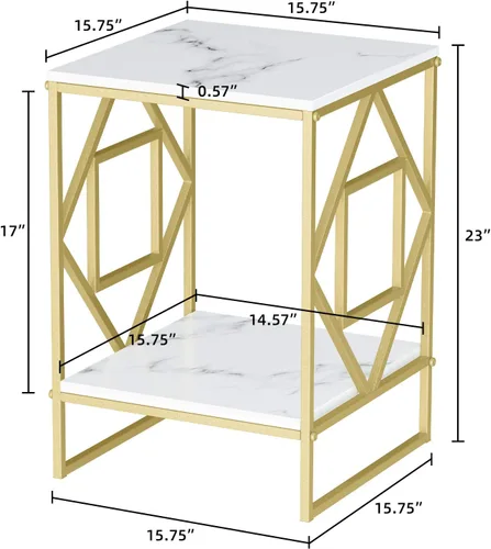 Vista 3 de Wisfor Mesa auxiliar de piedra sinterizada: mesa de centro pequeña cuadrada blanca de 2 niveles con marco dorado - Mesa auxiliar moderna de blanco +