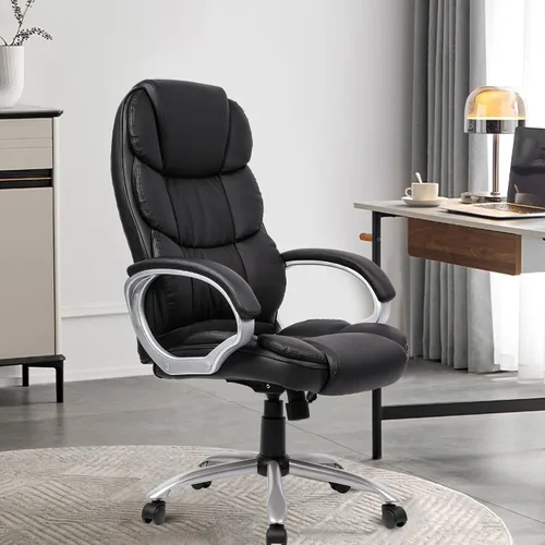 Vista 2 de PayLessHere Silla de oficina ergonómica de respaldo alto ejecutivo silla de escritorio con silla giratoria ajustable de piel sintética con Negro