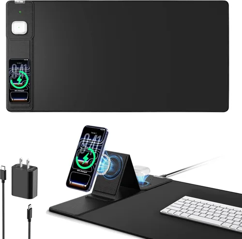 Vista 16 de Wireless Charging Mouse Pad with Foldable Phone Holder, 31.5"x15.8" XXL Excel Cheat Sheet Desk Mat for Laptop/Keyboard, Waterproof Ultra-Smooth