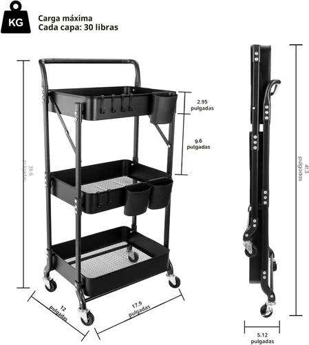 Vista 7 de Carrito plegable de 3 niveles con ruedas, carrito de utilidad plegable organizador, carrito de almacenamiento plegable con 3 tazas colgantes y 6