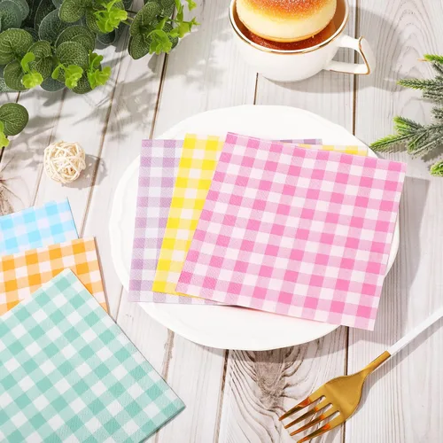 Vista 3 de Whaline 60 servilletas de cóctel de primavera y Pascua, 6 colores pastel, servilletas de papel a cuadros desechables para baby shower, picnic