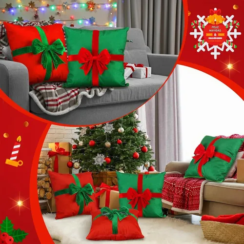 Vista 6 de Kingdder 4 Fundas de Almohada de Navidad Fundas de Almohada Xmas Estilo Caja de Regalo Fundas de Almohadas de Navidad Vacaciones de Invierno