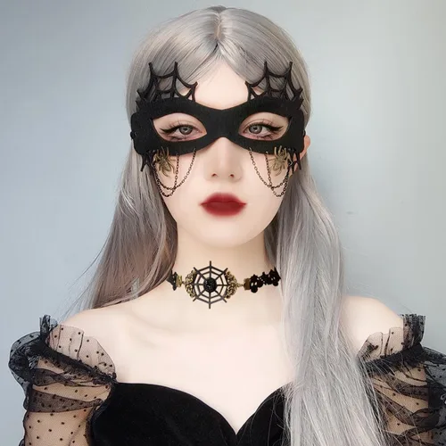 Vista 5 de Eseres Juego de 3 piezas de disfraz de mascarada, gargantilla gótica negra, collar de encaje, accesorios para fiesta