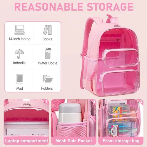 Vista 95 de CAMTOP Mochila transparente resistente y transparente para estudiantes, escuela, trabajo, festival, viajes, deportes, Beige, Mediana, Camtop Mochila