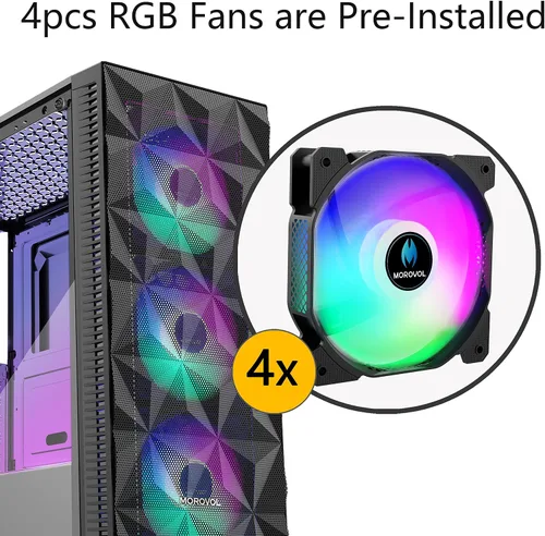 Vista 7 de MOROVOL Carcasa para PC con 4 ventiladores RGB preinstalados, carcasa de computadora ATX para juegos con malla frontal en forma de diamante y panel
