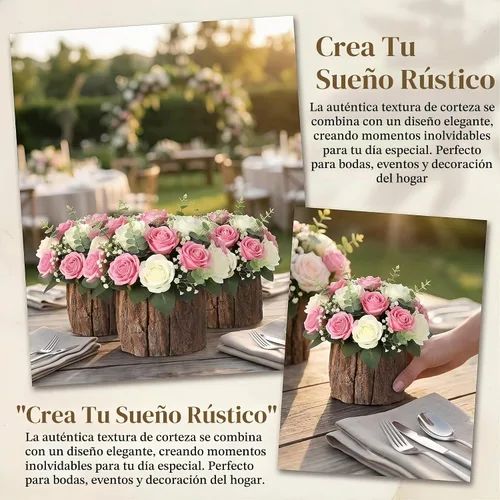 Vista 6 de Housoutil Jarrón de madera para centros de mesa, paquete de 3 jarrones de madera rústicos para tocón de árbol, cubo de flores de corteza de madera