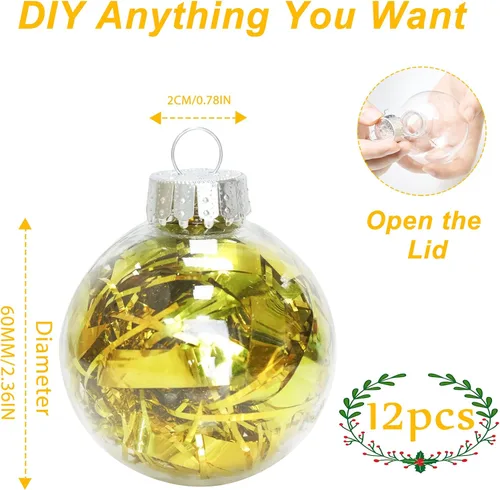 Vista 6 de 12 piezas de 60 mm Adornos de bolas de Navidad transparentes de plástico, 2.36'' redondas, de plástico transparente rellenables, DIY