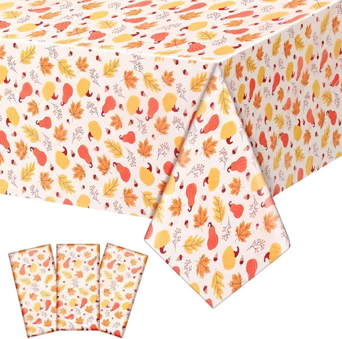 Vista 10 de Newwiee Paquete de 3 manteles de Acción de Gracias de 108 x 54 pulgadas, manteles de plástico desechables de otoño, mantel rectangular impermeable
